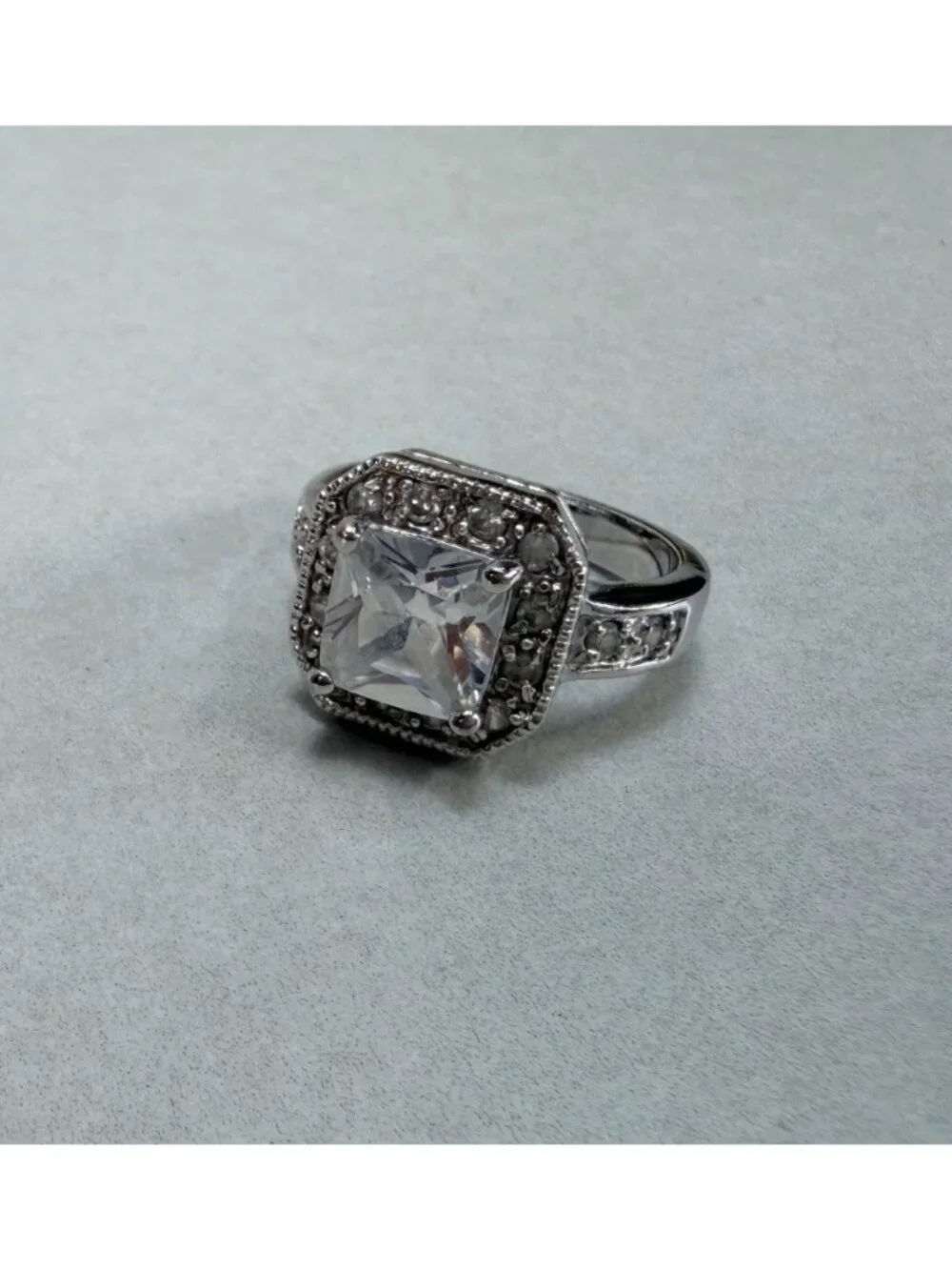 Princess Cut Halo CZ Engagement Style Ring Silver Tone Size 7 Sparkling